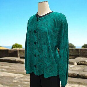 Jon Albert Womens Large Teal Paisley Button-Up Cardigan Sweater With Black‎ Trim